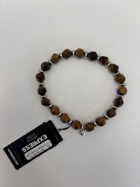 Express Tigers Eye Natural Stone Stretch Bracelet Silver Tone Accents NEW